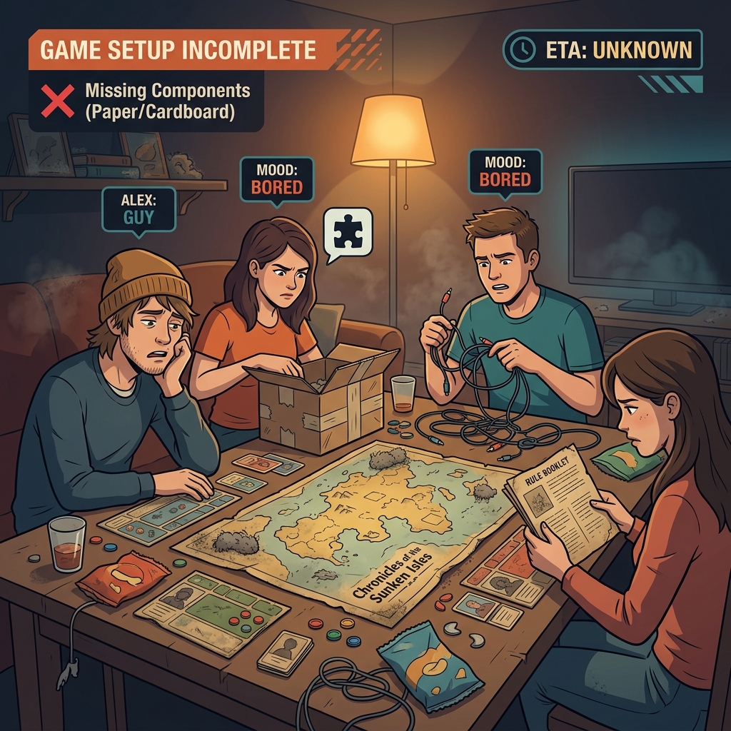 Juego de mesa físico aburrido e incompleto con cables enredados